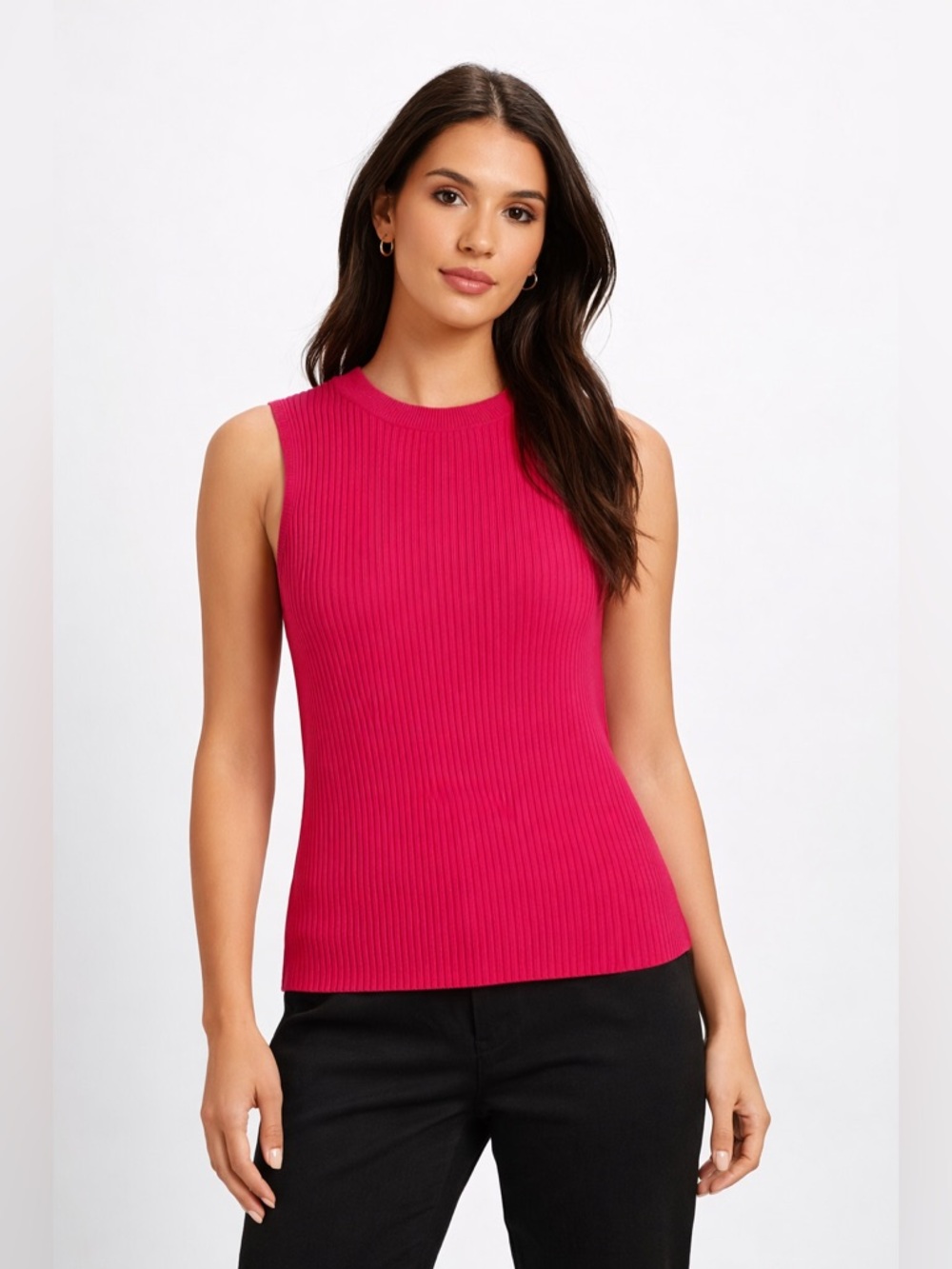 Rachel Zoe Ribbed Knit Tank Top | Sleeveless Sweater | Vibrant Pink | Sz L | NWT